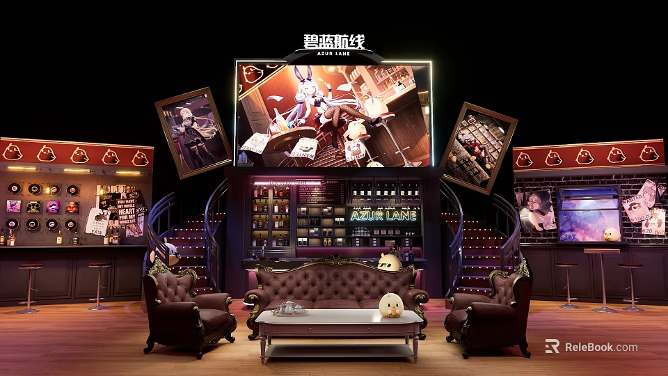 Azur Lane Live Stream Studio With Large Screens Characters Sofa Coffee Table And Wine Cabinet 3d model 