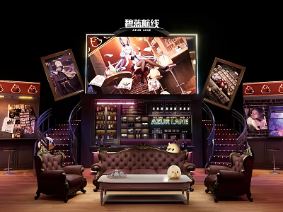 Azur Lane Live Stream Studio With Large Screens Characters Sofa Coffee Table And Wine Cabinet 3d model