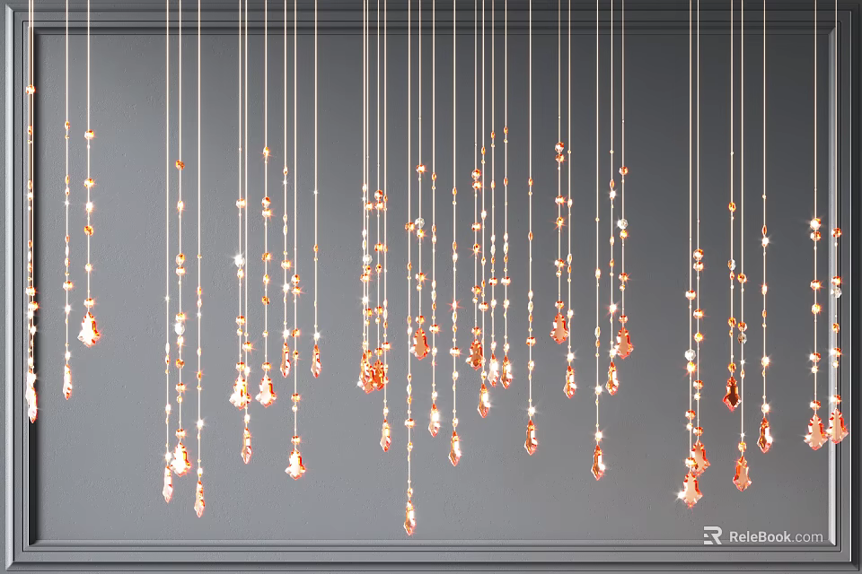 Hanging Chandeliers with Orange Small Decorative Pieces Against Gray Wall Background 3d model 