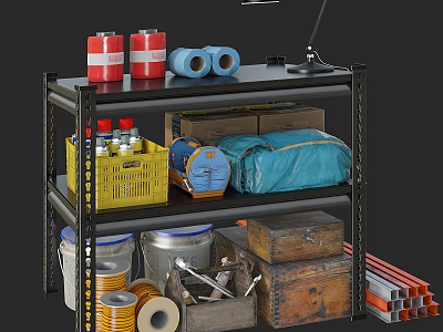 Black Metal Multi Tiered Shelf With Red White Cans Blue Rolls Yellow Basket Wooden Boxes 3d model