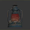 Vintage Blue Metal Lantern With Red Glass And Rustic Handle Design