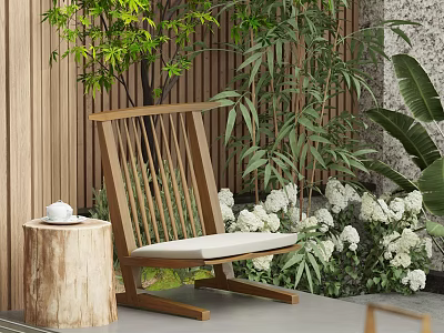 Wooden Outdoor Lounge Chair With White Cushion Green Plants And Tree Stump Side Table 3d model