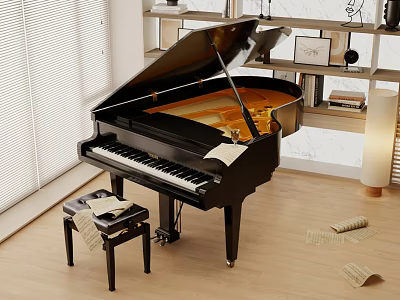Elegant Black Grand Piano Interior With Music Sheets Piano Stool And Wooden Floor 3d model