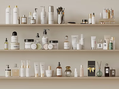 Organized Skincare And Cosmetics Display On Shelves With Various Beauty Products 3d model