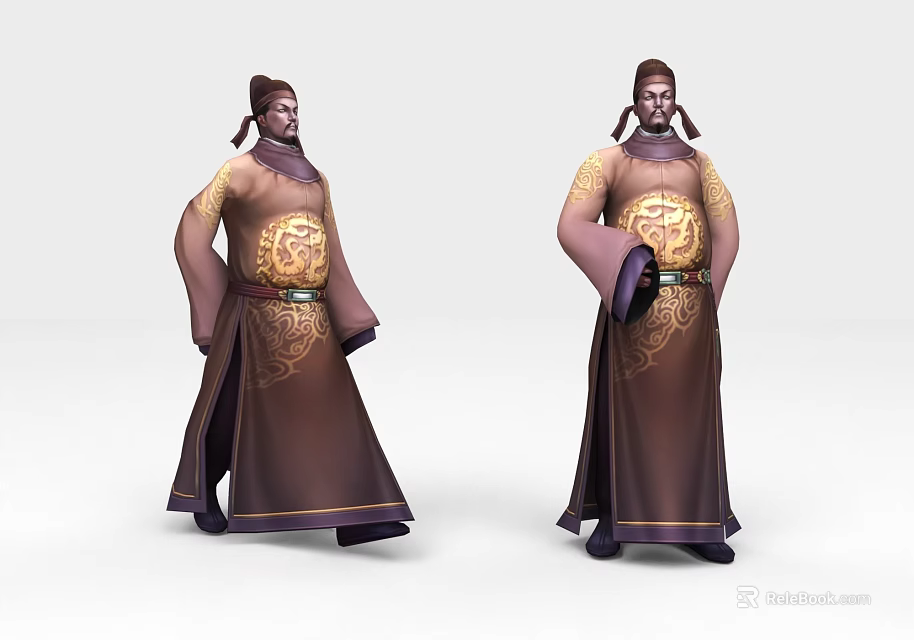 Two Historical Male Characters In Traditional Robes With Golden Dragon Patterns And Intricate Details 3d model 