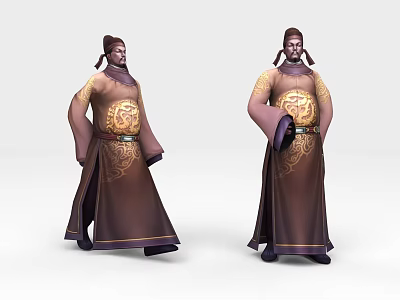 Two Historical Male Characters In Traditional Robes With Golden Dragon Patterns And Intricate Details 3d model
