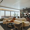 Modern Living and Dining Room Interior With Blue Glass Chandelier White Sofa And Large Windows