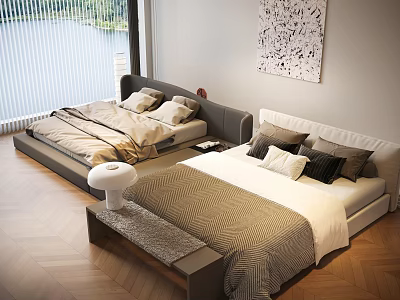 Modern Double Bed With Upholstered Headboard And Plush Pillows In Bedroom Interior 3d model