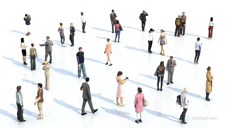 Diverse Group of People in Various Poses With Different Outfits on White Background 3d model 