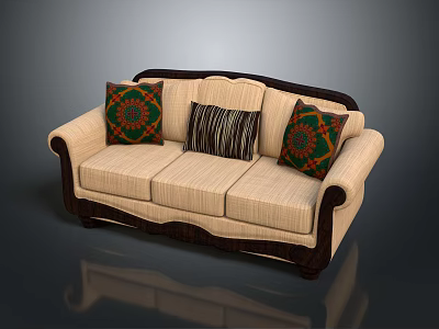Beige Three Seater Sofa With Dark Wooden Frame And Patterned Striped Cushions 3d model
