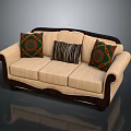Beige Three Seater Sofa With Dark Wooden Frame And Patterned Striped Cushions
