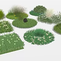 Diverse Flowers and Grass Varieties in Circular and Square Garden Patches with Colorful Blooms