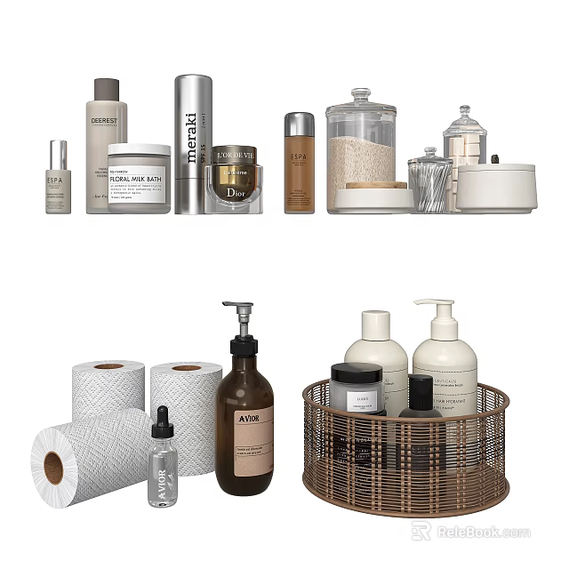 Decorative Ornament Set With Toilet Paper Rolls Bottles Wicker Basket Jars And Soap Dishes 3d model 
