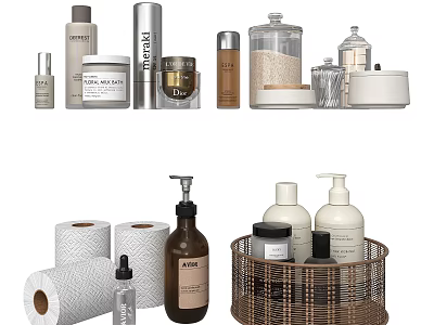 Decorative Ornament Set With Toilet Paper Rolls Bottles Wicker Basket Jars And Soap Dishes 3d model