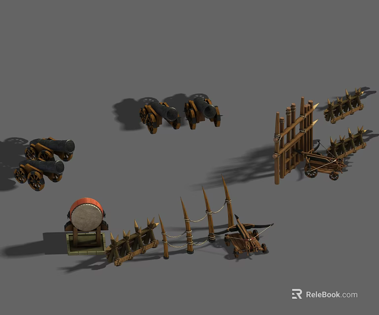 Ancient Farming Tools Collection With Carts Fences Drum And Plows 3d model 