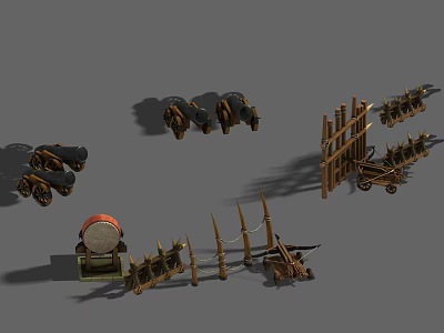 Ancient Farming Tools Collection With Carts Fences Drum And Plows 3d model