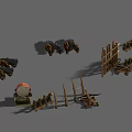 Ancient Farming Tools Collection With Carts Fences Drum And Plows