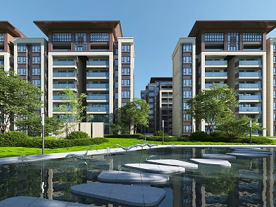 Modern Elegant Multi Story Residential Building With Water Pool And Green Plants 3d model