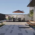 Modern Garden With Outdoor Dining Set Umbrella Stone Paving Lighting And Green Plants