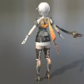 Anime Style Game Movie Character With White Hair And Mechanical Outfit Holding Sword