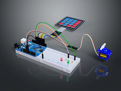 Microcontroller Development Board With Keypad LED Lights And Connecting Wires 3d model