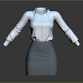White Collared Long Sleeve Shirt With Light Blue Knee Length Skirt Professional Formal Outfit