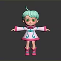 Child with teal pigtails green eyes pink white dress blue patterns pink shoes arms outstretched