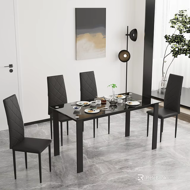 Stylish Black Dining Table Set With Leather Chairs Dinnerware And Green Plant Decor 3d model
