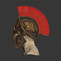 Ancient Warrior Helmet with Golden Decorations and Red Plume on Stone Base Historical Weaponry Design