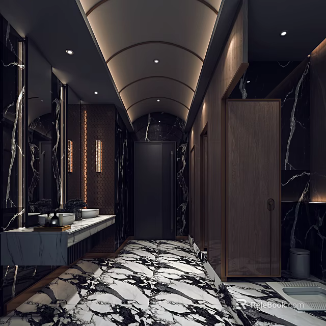 Modern Luxury Public Restroom Interior With Marble Floors Wooden Doors Mirrors And Lighting 3d model 