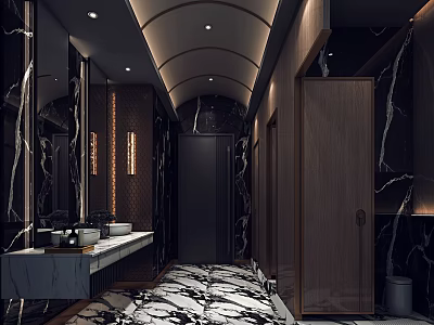 Modern Luxury Public Restroom Interior With Marble Floors Wooden Doors Mirrors And Lighting 3d model
