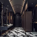 Modern Luxury Public Restroom Interior With Marble Floors Wooden Doors Mirrors And Lighting