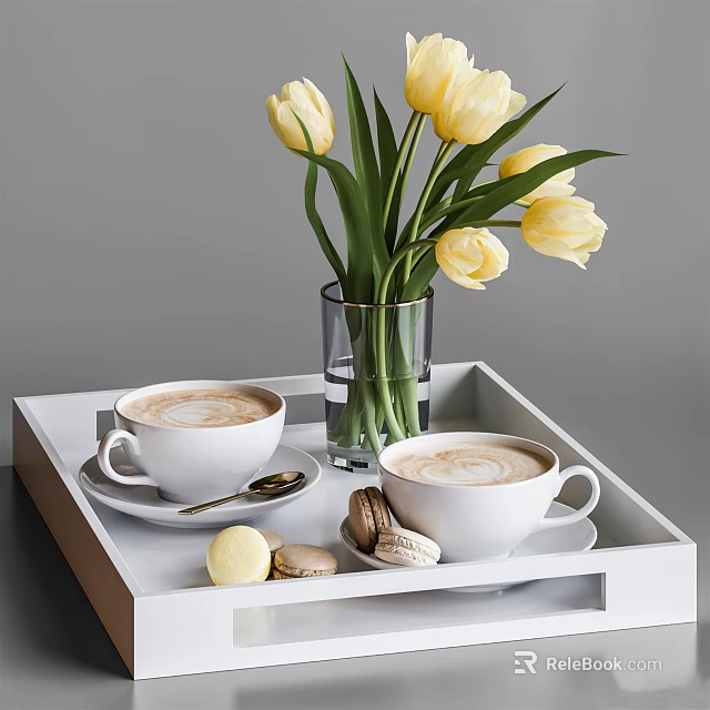 Two Latte Coffee Cups on White Tray with Yellow Tulips Vase and Macaron Desserts 3d model 