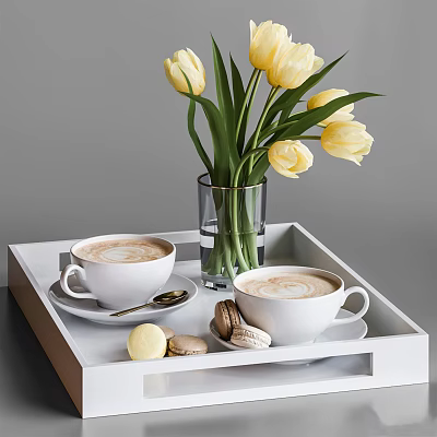 Two Latte Coffee Cups on White Tray with Yellow Tulips Vase and Macaron Desserts 3d model