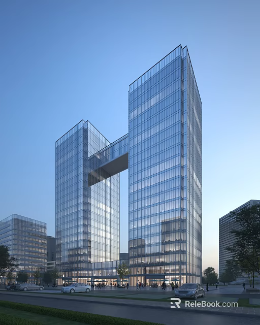 Modern Twin High Rise Office Buildings With Glass Curtain Walls And Connecting Skybridge 3d model 