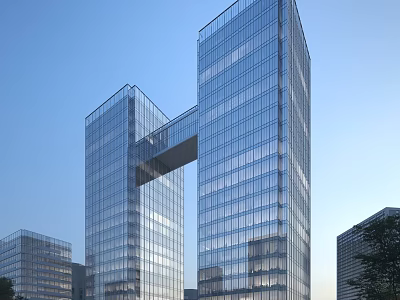 Modern Twin High Rise Office Buildings With Glass Curtain Walls And Connecting Skybridge 3d model