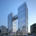 Modern Twin High Rise Office Buildings With Glass Curtain Walls And Connecting Skybridge
