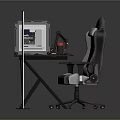 Modern Gaming Desk Setup With Computer Monitor Ergonomic Chair Headset And PC Tower