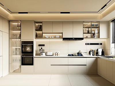 Modern Kitchen Interior With Light Colored Cabinets Glass Door Wall Units And Countertop Appliances 3d model
