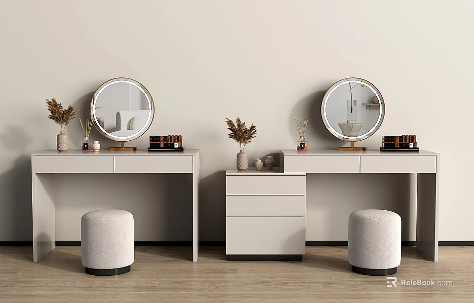 Elegant Modern Dressing Table Interior With Round Mirror Stool And Plants 3d model 