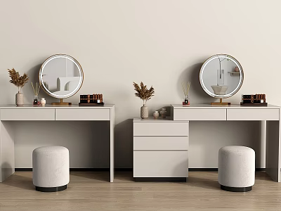 Elegant Modern Dressing Table Interior With Round Mirror Stool And Plants 3d model