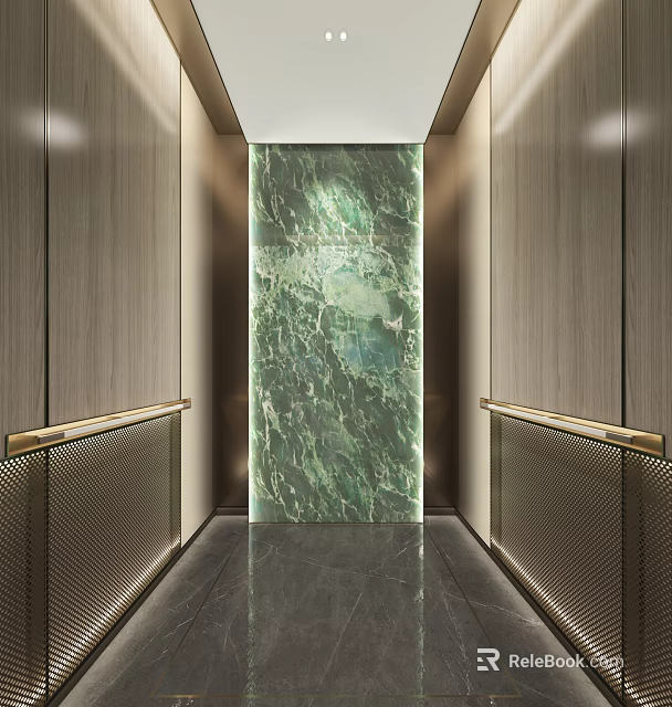 Modern Elevator Hallway Design with Green Marble Wall Golden Handrails and Sleek Polished Floor 3d model 