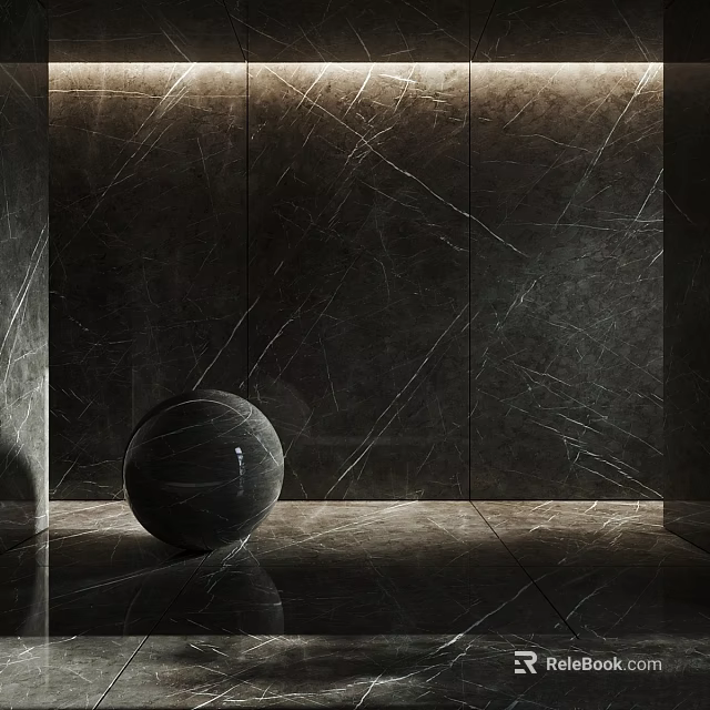 Sleek Black Marble Sphere Against Dark Polished Marble Wall And Floor 3d model