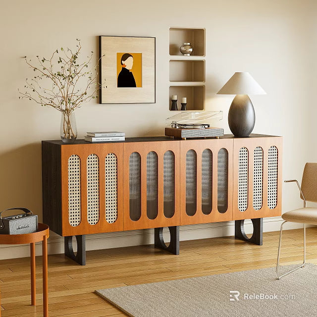 Modern Wooden Console Cabinet With Rattan Panels And Table Lamp Vase Books 3d model 