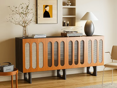 Modern Wooden Console Cabinet With Rattan Panels And Table Lamp Vase Books 3d model