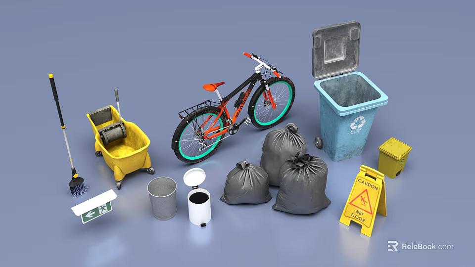 Public Facilities Featuring Bicycle Trash Bins Cleaning Tools Garbage Bags And Warning Signs 3d model 