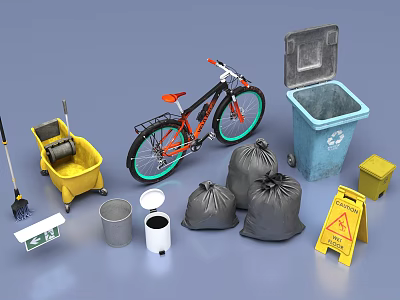 Public Facilities Featuring Bicycle Trash Bins Cleaning Tools Garbage Bags And Warning Signs 3d model