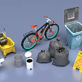 Public Facilities Featuring Bicycle Trash Bins Cleaning Tools Garbage Bags And Warning Signs