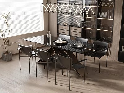 Modern Black Dining Table Set With Chairs Pendant Lights And Glass Cabinets 3d model