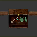 Open Vintage Wooden Chest With Various Equipment Glass Bottles And Small Tools